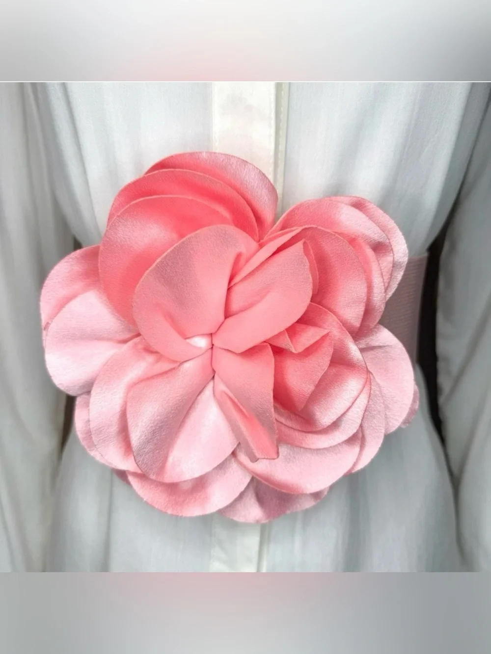 Light pink statement satin flower wide elastic waistband belt